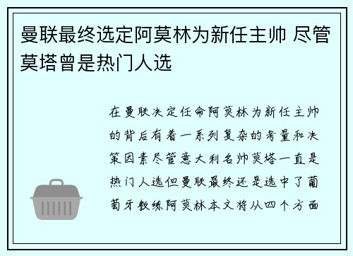曼联最终选定阿莫林为新任主帅 尽管莫塔曾是热门人选 曼联最终选定阿莫林为新任主帅 尽管莫塔曾是热门人选